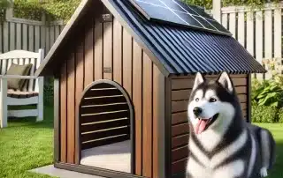An energy-efficient solar heated dog house featuring solar panels, insulation, and ventilation, designed by My Little and Large. Provide your pet with a safe and cozy shelter today.