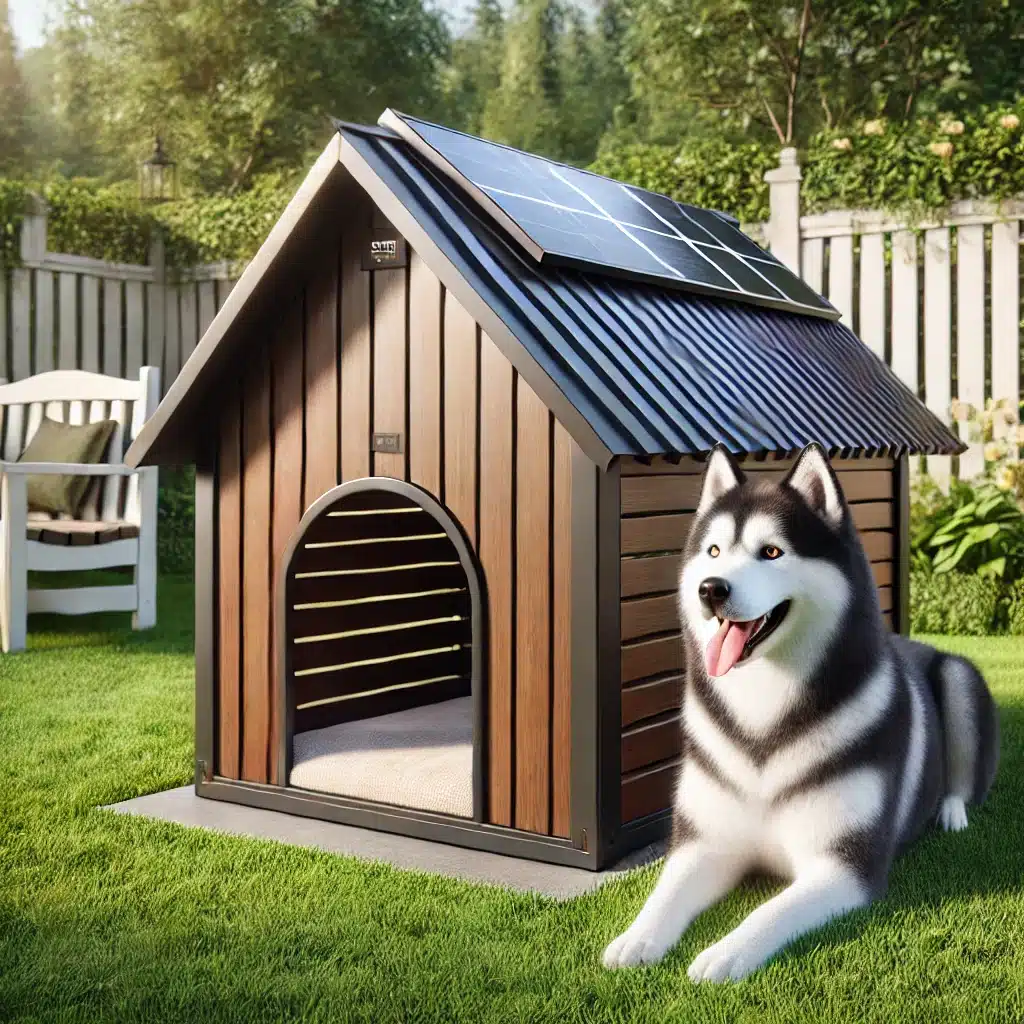 An energy-efficient solar heated dog house featuring solar panels, insulation, and ventilation, designed by My Little and Large. Provide your pet with a safe and cozy shelter today.