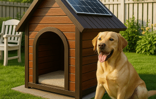 Solar heated dog house built by My Little and Large with thermal mass flooring, solar gain window, and insulation—give your pet a warm, safe winter retreat today!