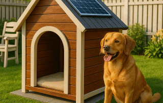 Solar heated dog house designed by My Little and Large with insulation and solar panels—give your dog a safer, greener way to stay warm all year!