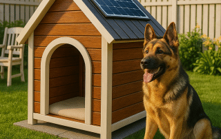 My Little and Large solar heated dog house designed for subzero winters—solar panels and insulation provide cozy warmth. Protect your pet today!
