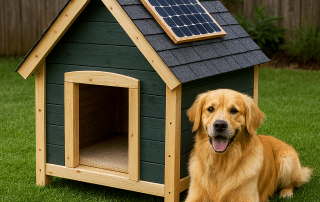 DIY solar heated dog house installation showing panel misplacement. Avoid mistakes and choose My Little and Large’s expertly engineered shelters for cold climates!
