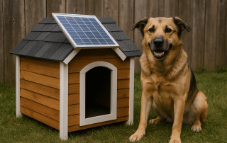 Premium solar heated dog house by My Little and Large featuring insulation and solar panels – Provide your pet with a warm, energy-efficient shelter this winter. Order now!