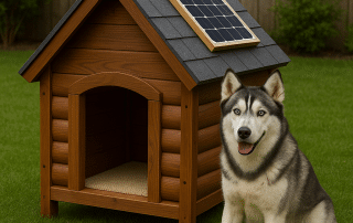 My Little and Large solar heated dog house with mounted solar panel and battery backup, ensuring safe, warm shelter for pets in all weather. Keep your dog protected 24/7—order now!