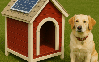 Side view of a solar heated dog house from My Little and Large, insulated and weatherproofed for cold climates. Keep your dog warm and off-grid—choose solar safety today!