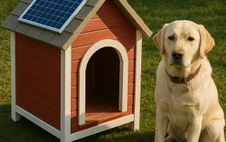 Energy-efficient solar powered kennel heater inside a weatherproof dog house, keeping a pet warm outdoors. Make the green switch and keep your dog cozy today!