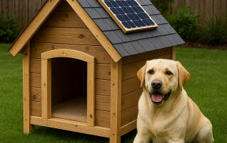 Outdoor solar heated dog house equipped with weather-sealed solar panels and smart temperature regulation by My Little and Large. Ensure pet safety with this durable, efficient design.