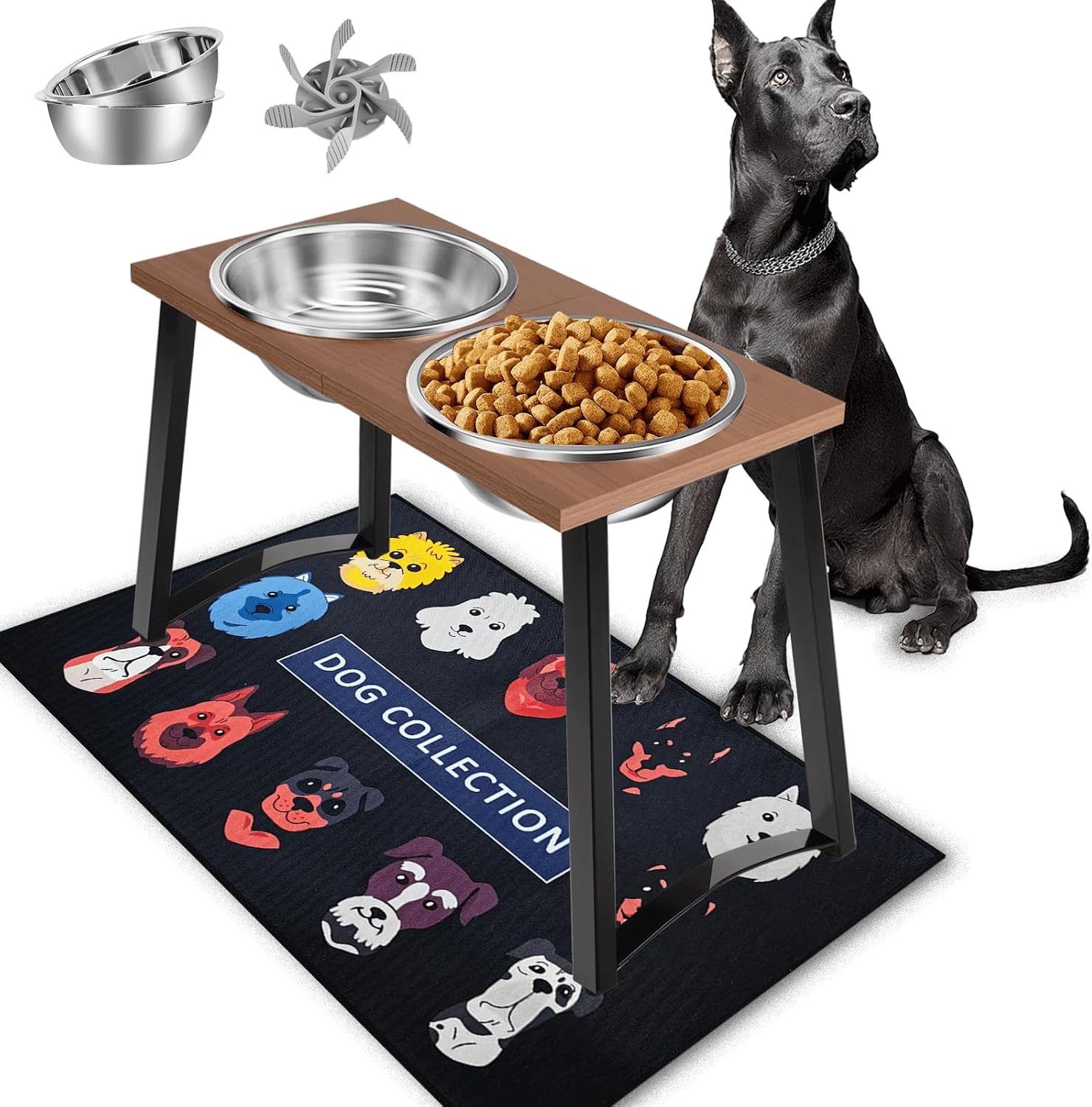 ADENGL 16-inch tall elevated dog bowl stand with a wood-look top, two extra-large stainless steel bowls and a slow feeder beside a Great Dane