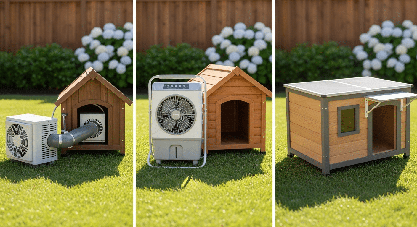 Air conditioned dog house buyers guide types and sizing — an AC unit, a portable cooler and an insulated dog house in a backyard