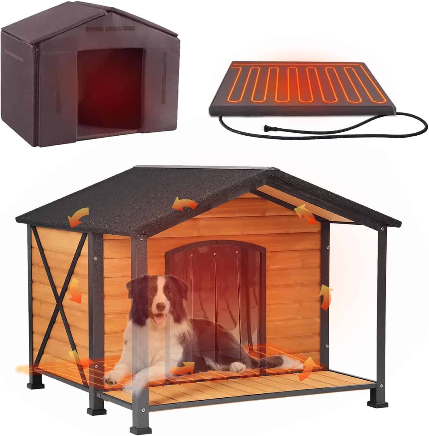 Aivituvin heated wood dog house with covered porch and asphalt roof