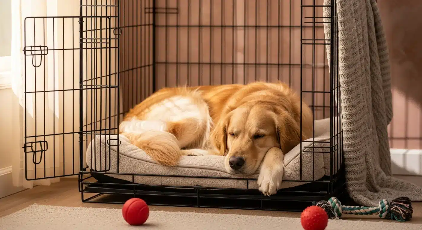 Golden retriever resting comfortably inside an open wire dog crate with soft bedding in a cozy home setting