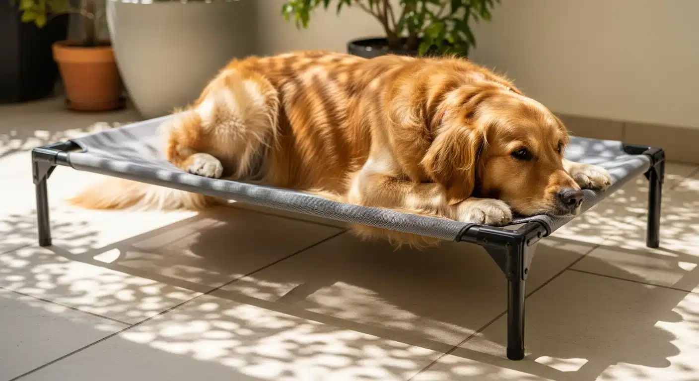 Large dog resting on an elevated raised cot dog bed on a sunny patio