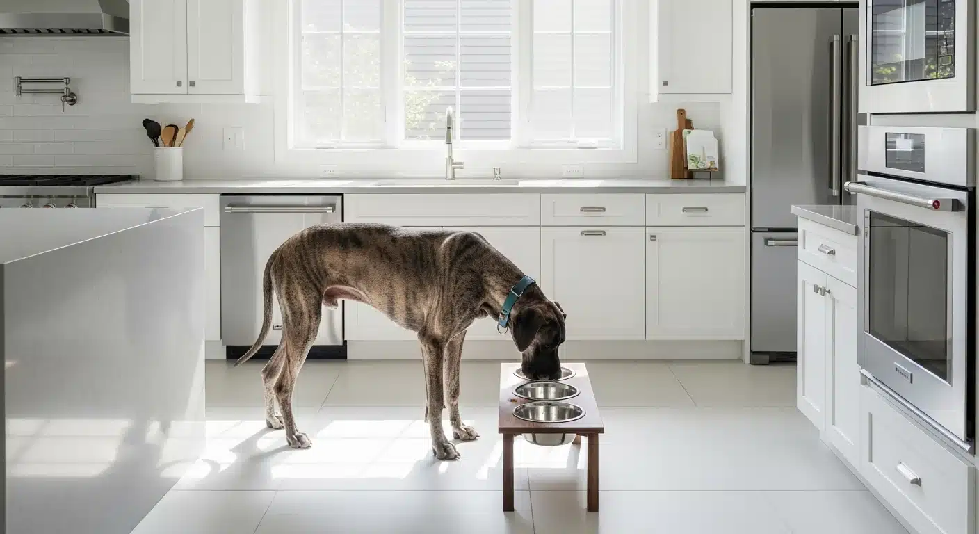 Large breed dog eating from an elevated feeder stand in a bright modern kitchen