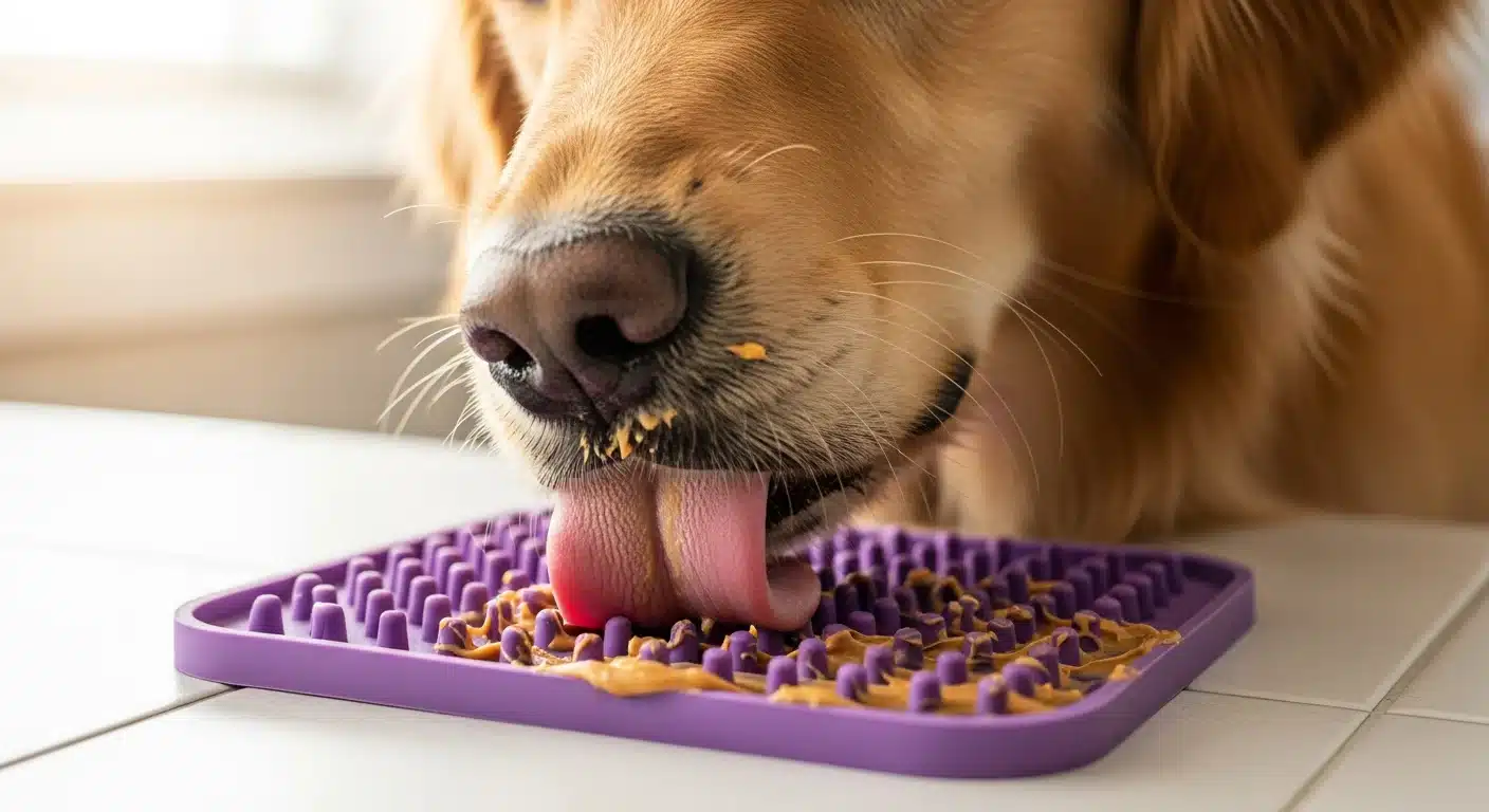 Golden retriever dog licking a textured silicone lick mat smeared with peanut butter