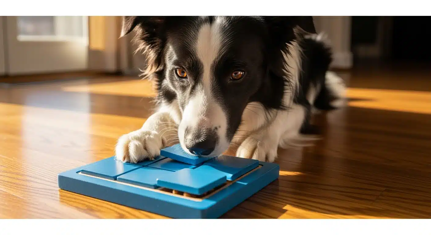 Border collie solving a wooden sliding-tile treat-dispensing puzzle toy on a hardwood floor