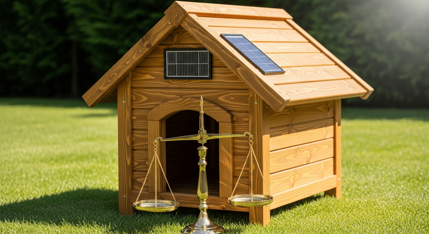 Are solar heated dog houses worth it — a wooden solar dog house beside a balance scale weighing benefits vs cost