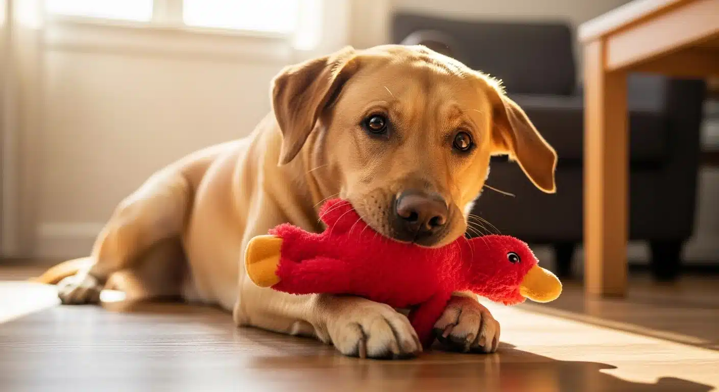 Happy Labrador dog enthusiastically playing with a colorful plush squeaky toy on a bright sunny living room floor