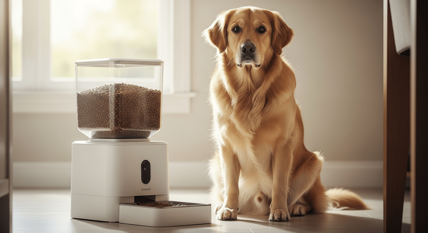 Large dog sitting beside a modern white automatic dog feeder with a tall kibble hopper on a kitchen floor in soft morning light