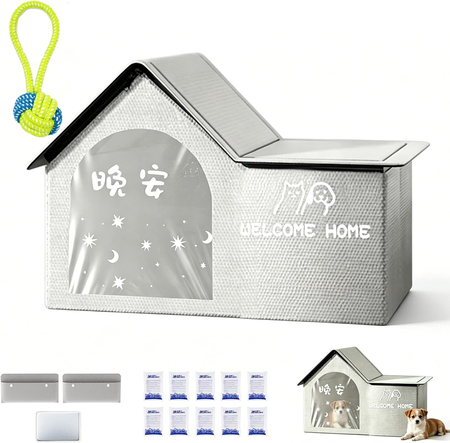 Budget foldable cooling dog house with ice packs