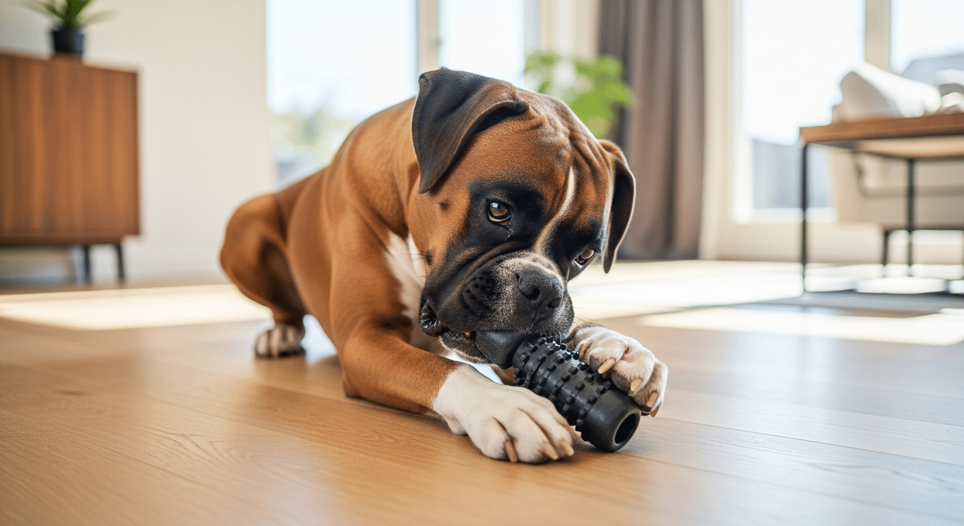 Adult fawn Boxer lying on a hardwood floor chewing a tough black rubber chew toy