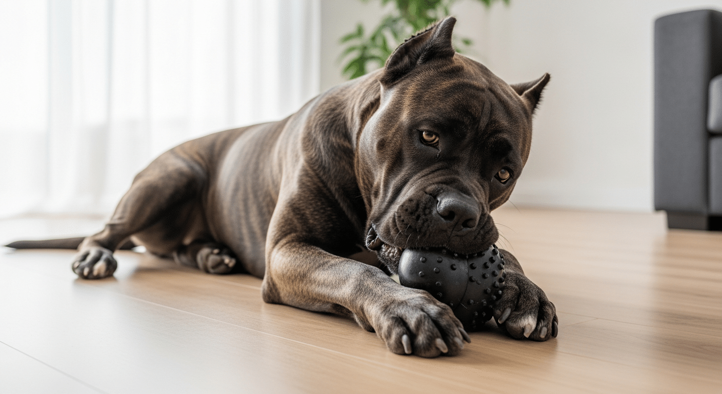 Muscular adult Cane Corso lying on a hardwood floor chewing a tough black rubber chew toy