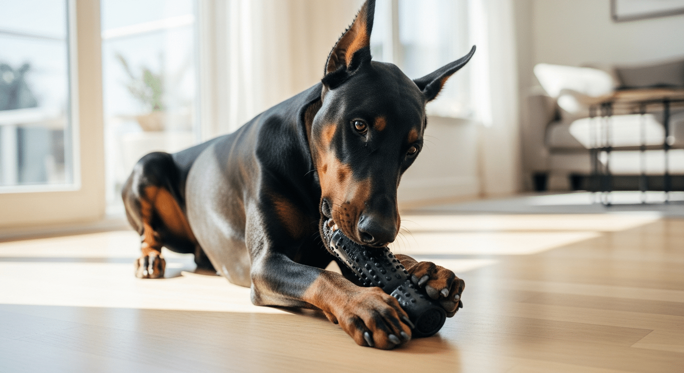 Black-and-tan Doberman lying on a hardwood floor chewing a tough black rubber chew toy