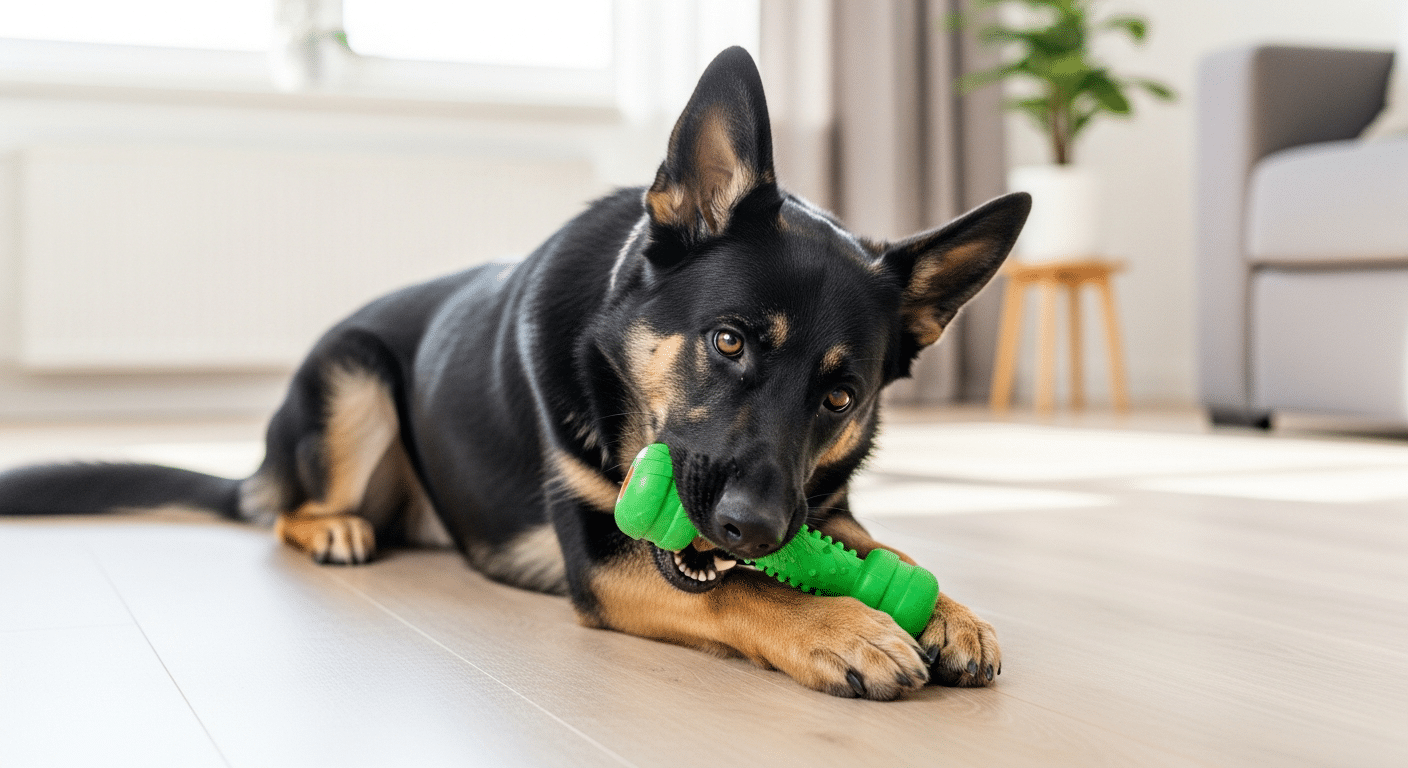 Black and tan German Shepherd lying on a wooden floor chewing a durable rubber chew toy — best chew toys for a German Shepherd