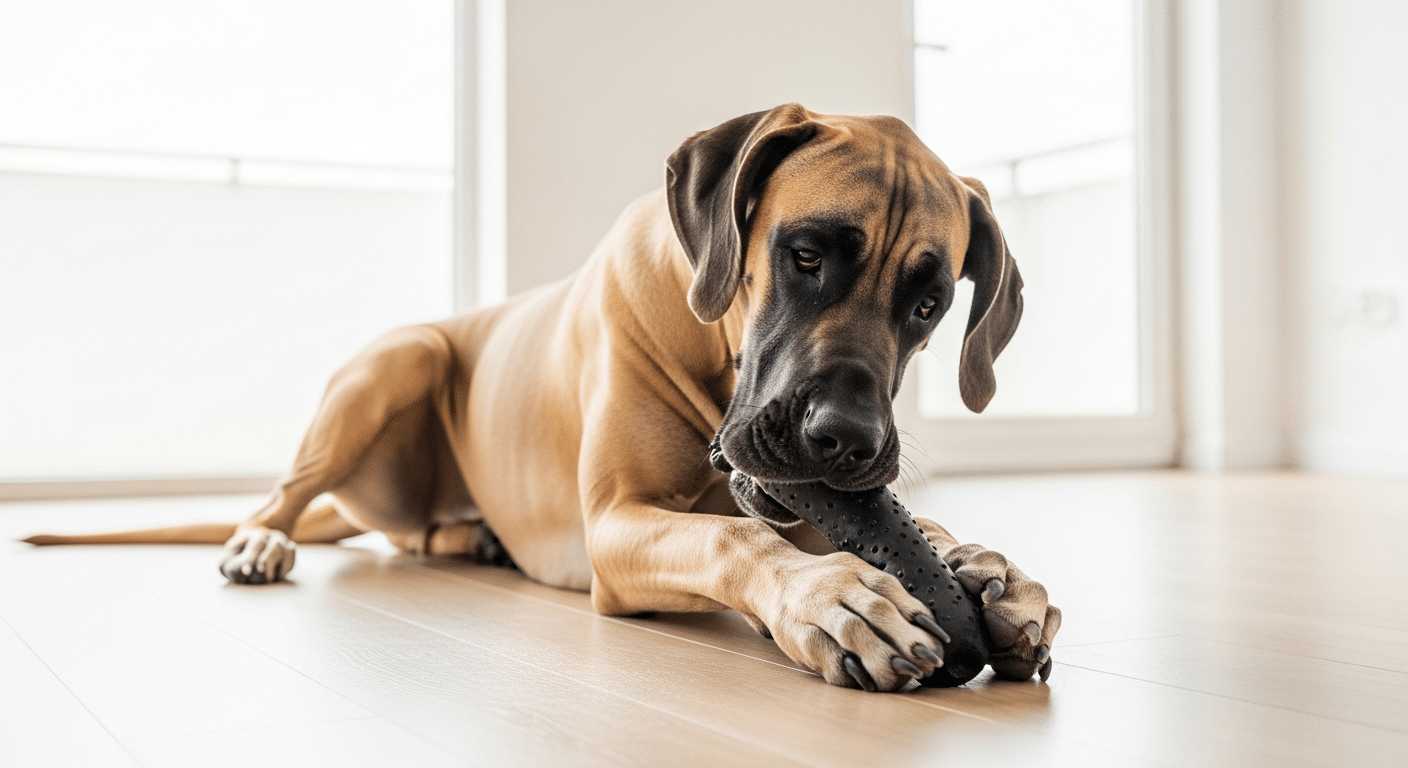Fawn Great Dane lying on a wood floor gently chewing a large black rubber chew toy held in its paws — best chew toys for a Great Dane