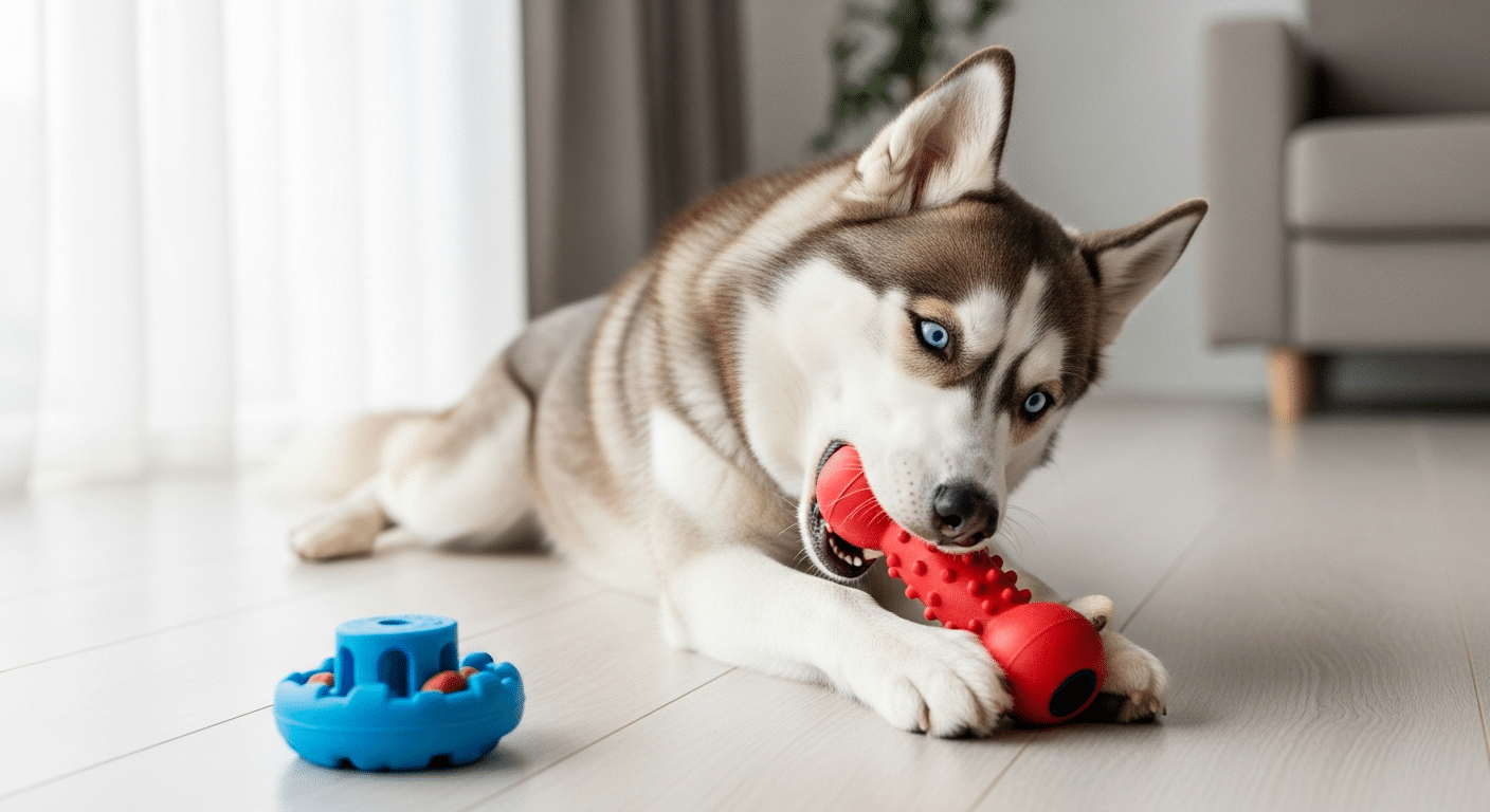 Blue-eyed Siberian Husky chewing a durable red rubber toy with a blue interactive treat puzzle nearby — best toys for a Husky