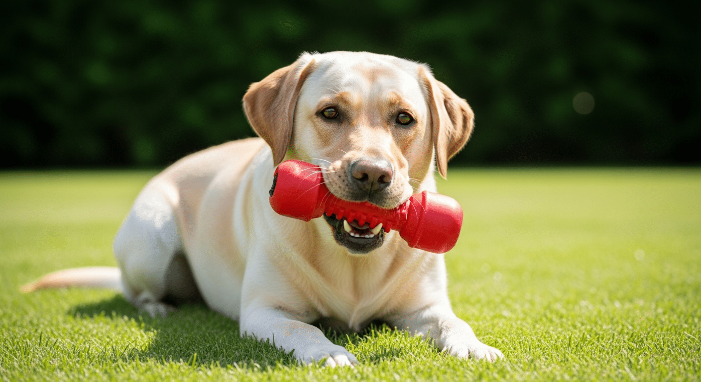 Yellow Labrador Retriever carrying a durable rubber chew and fetch toy on the grass — best chew toys for a Labrador