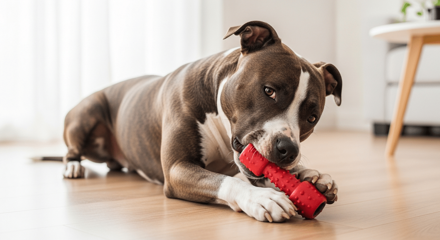 Blue and white Pit Bull lying on a wood floor chewing a tough red rubber chew toy held in its paws — best chew toys for a Pit Bull