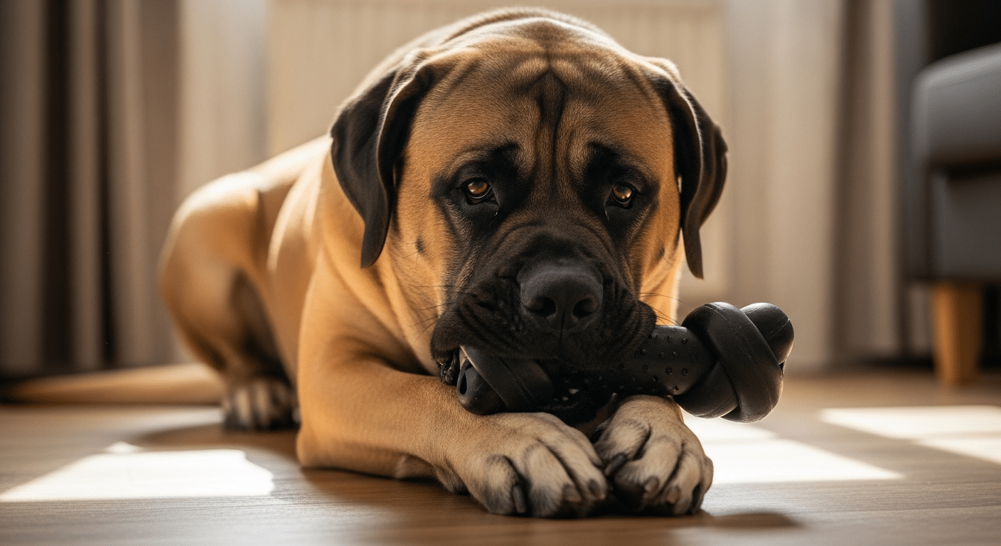 Large fawn English Mastiff lying on a wooden floor chewing a big black natural-rubber chew toy sized for a giant breed