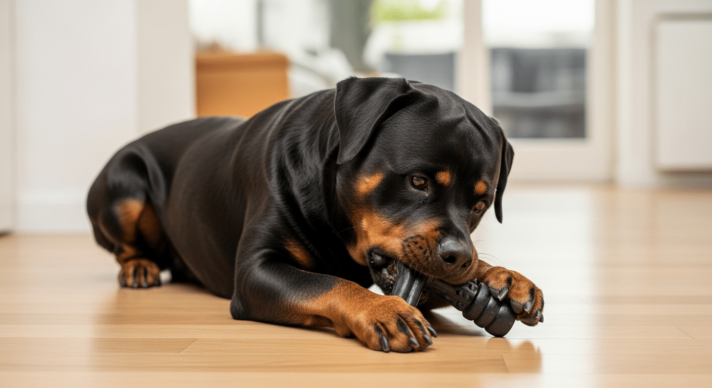 Black-and-tan Rottweiler lying on a floor chewing a tough black rubber power-chewer dog toy