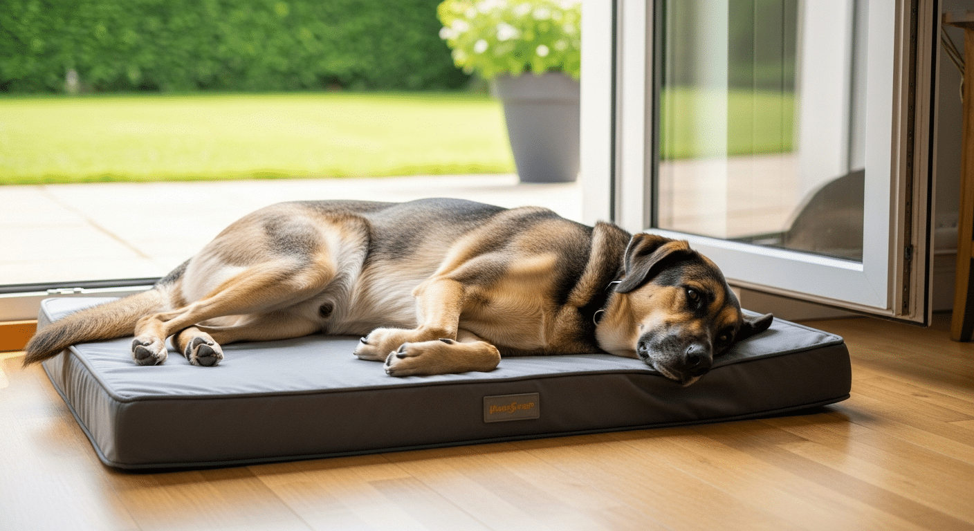 A large dog lying cool on a grey orthopedic cooling dog bed by an open patio door in summer