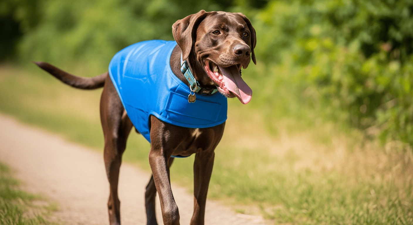 A large dog wearing a blue cooling vest panting happily on a sunny summer trail