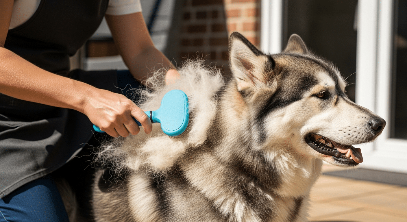 Owner using a deshedding tool on a heavy-shedding double-coated Husky, pulling out a cloud of loose undercoat fur