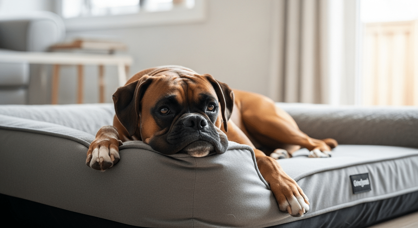 A fawn Boxer resting its head on the bolster of a large orthopedic dog bed in a bright living room