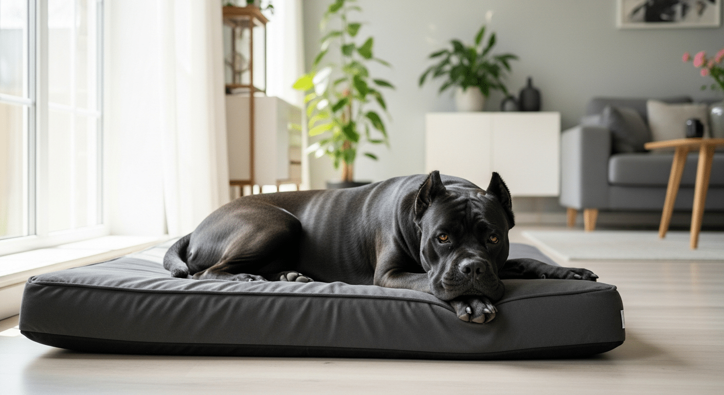 A black Cane Corso lying on a large orthopedic dog bed in a bright living room