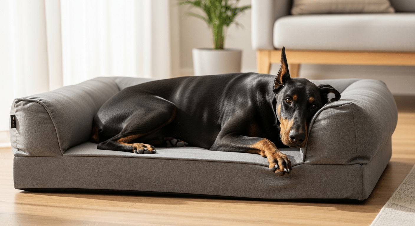 A black and tan Doberman resting its head on the bolster of a large orthopedic dog bed in a bright living room