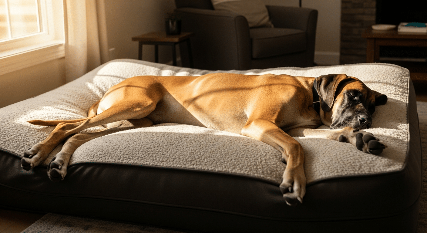 A large fawn Great Dane stretched out asleep on an enormous giant orthopedic dog bed in a bright living room