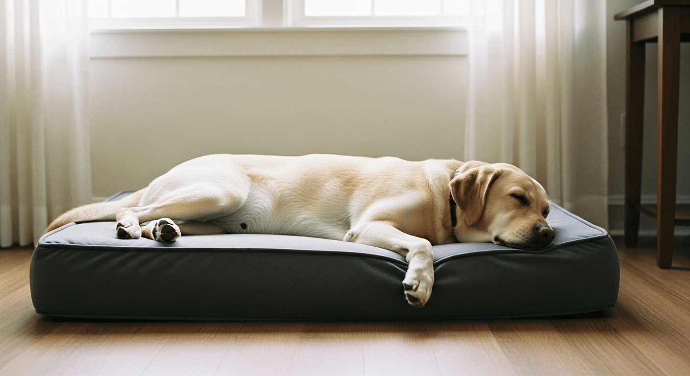 A yellow Labrador Retriever stretched out asleep on a large orthopedic dog bed in a bright living room