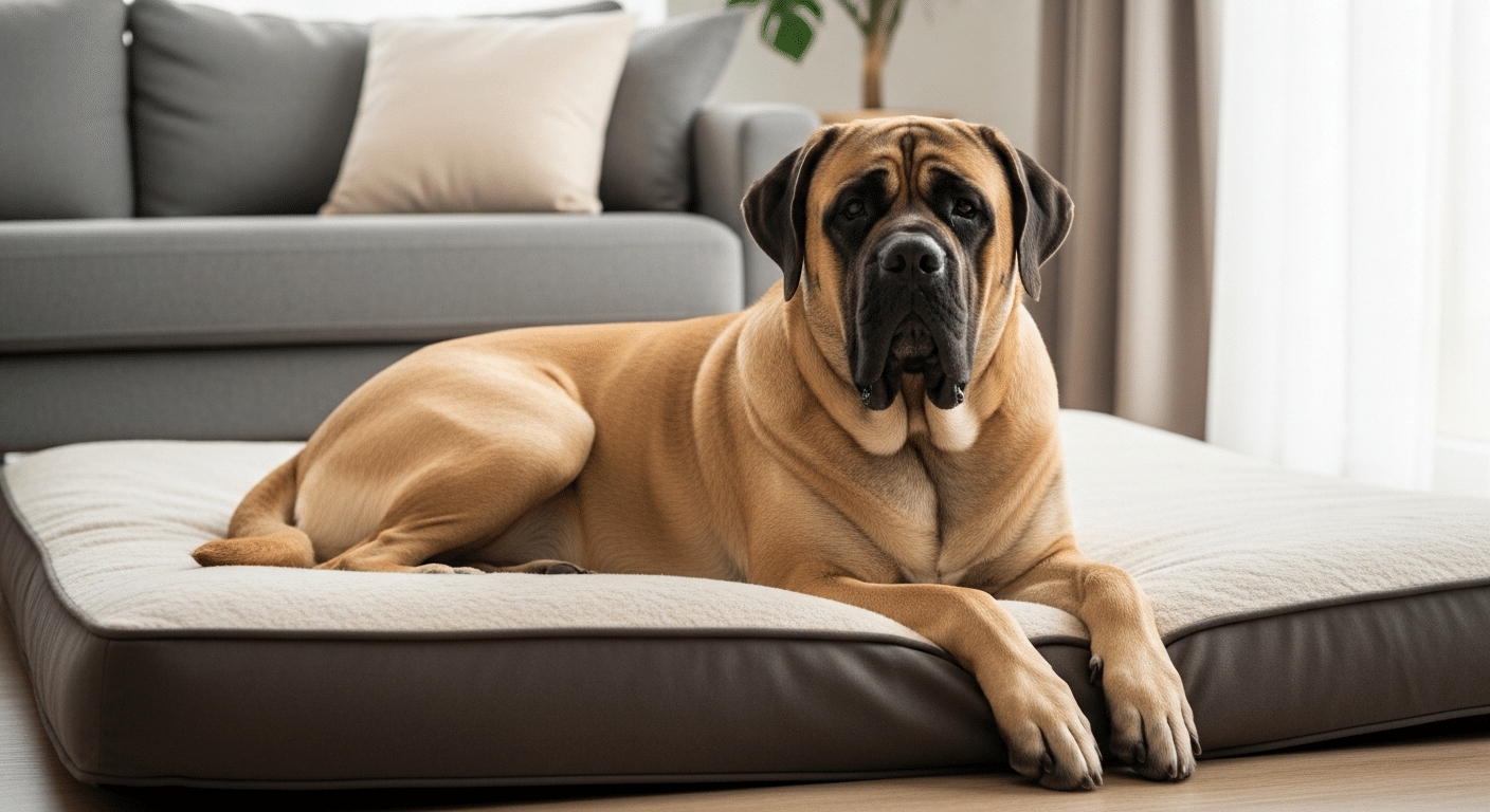 A large fawn English Mastiff lying on a giant orthopedic dog bed in a bright living room