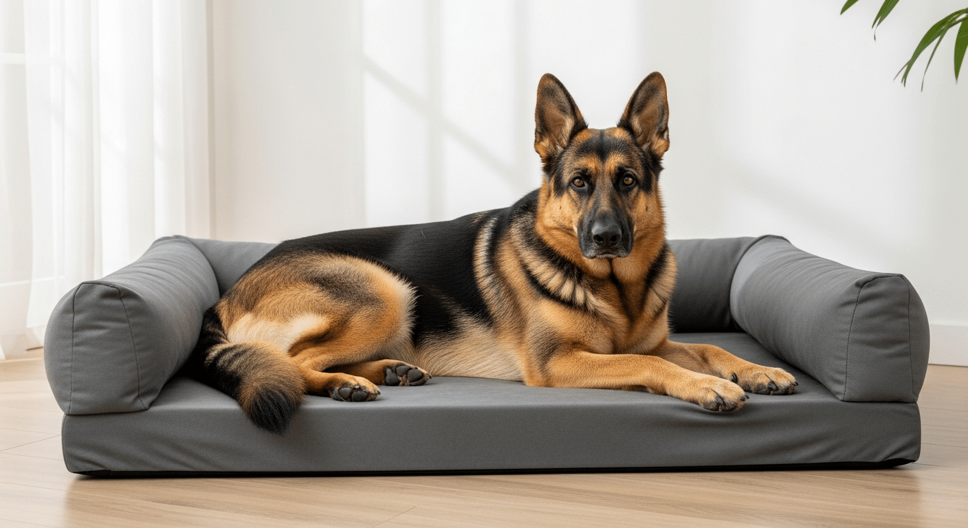 A black and tan German Shepherd resting on a large grey orthopedic dog bed with bolster sides, the best dog bed for a German Shepherd