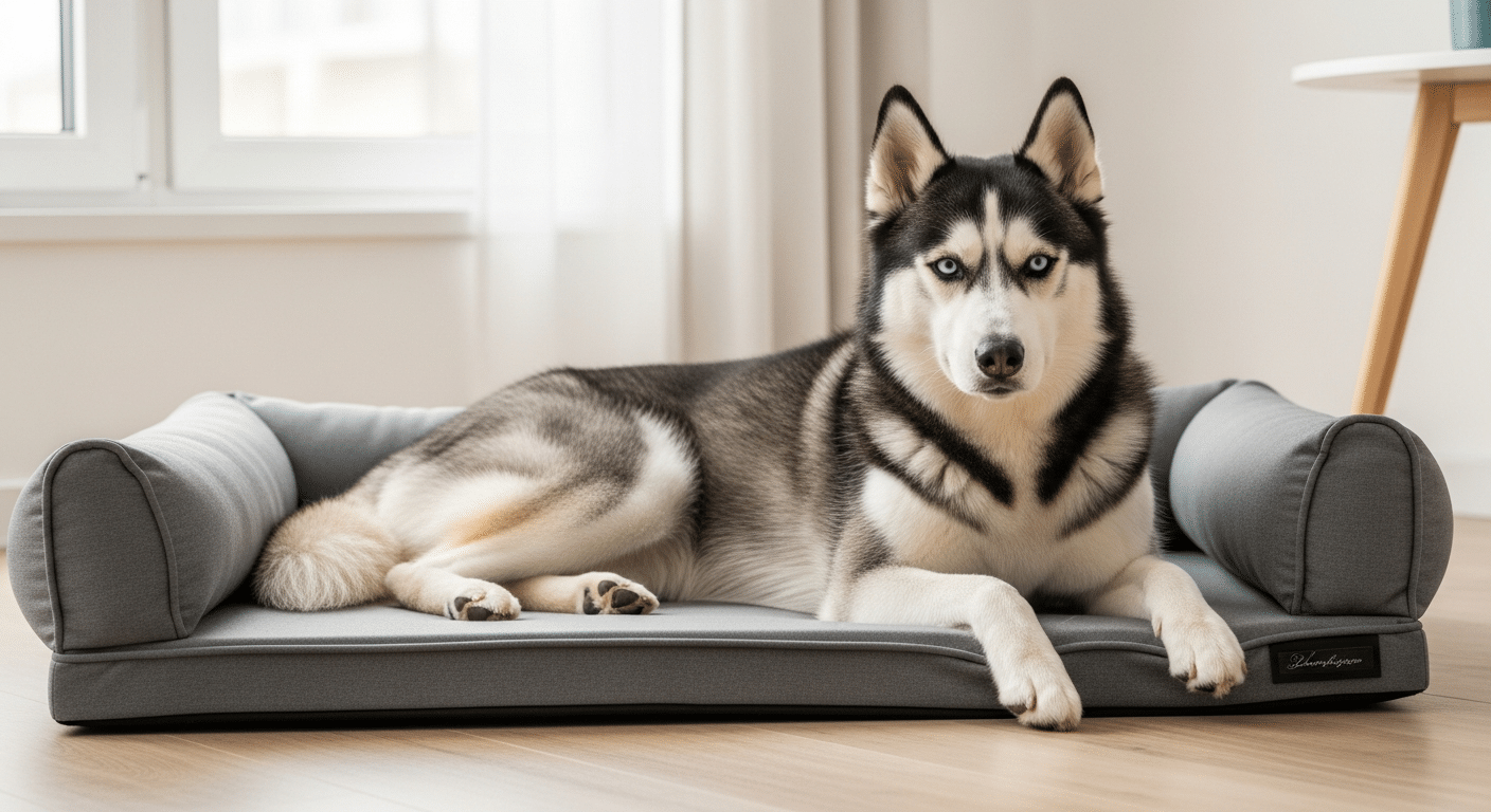 A Siberian Husky lying relaxed on a grey breathable cooling orthopedic dog bed with bolster sides, the best dog bed for a Husky