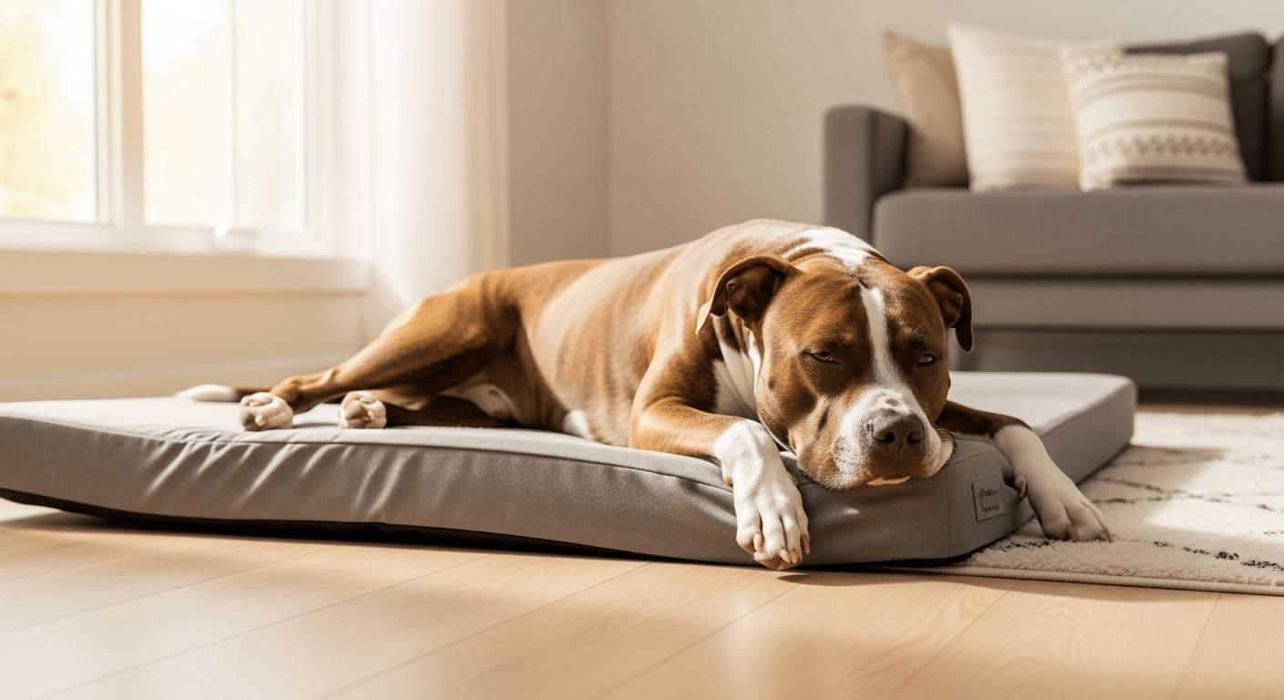 A muscular brown and white Pit Bull stretched out asleep on a large orthopedic dog bed in a bright living room