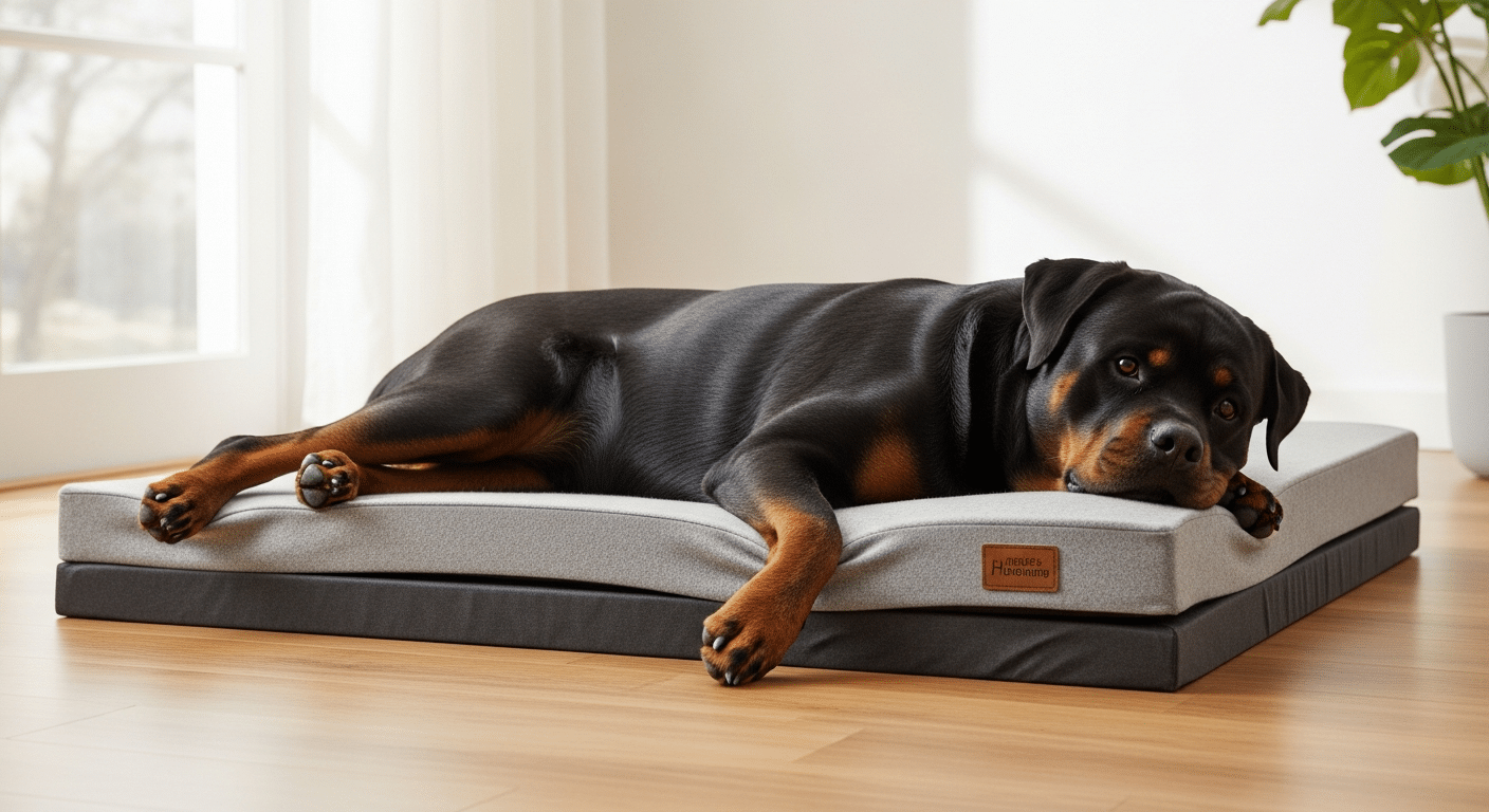 A black and mahogany Rottweiler stretched out on a large rectangular orthopedic dog bed in a bright living room