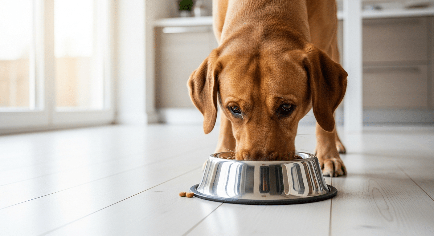 Large dog eating from a stainless steel bowl on a clean kitchen floor