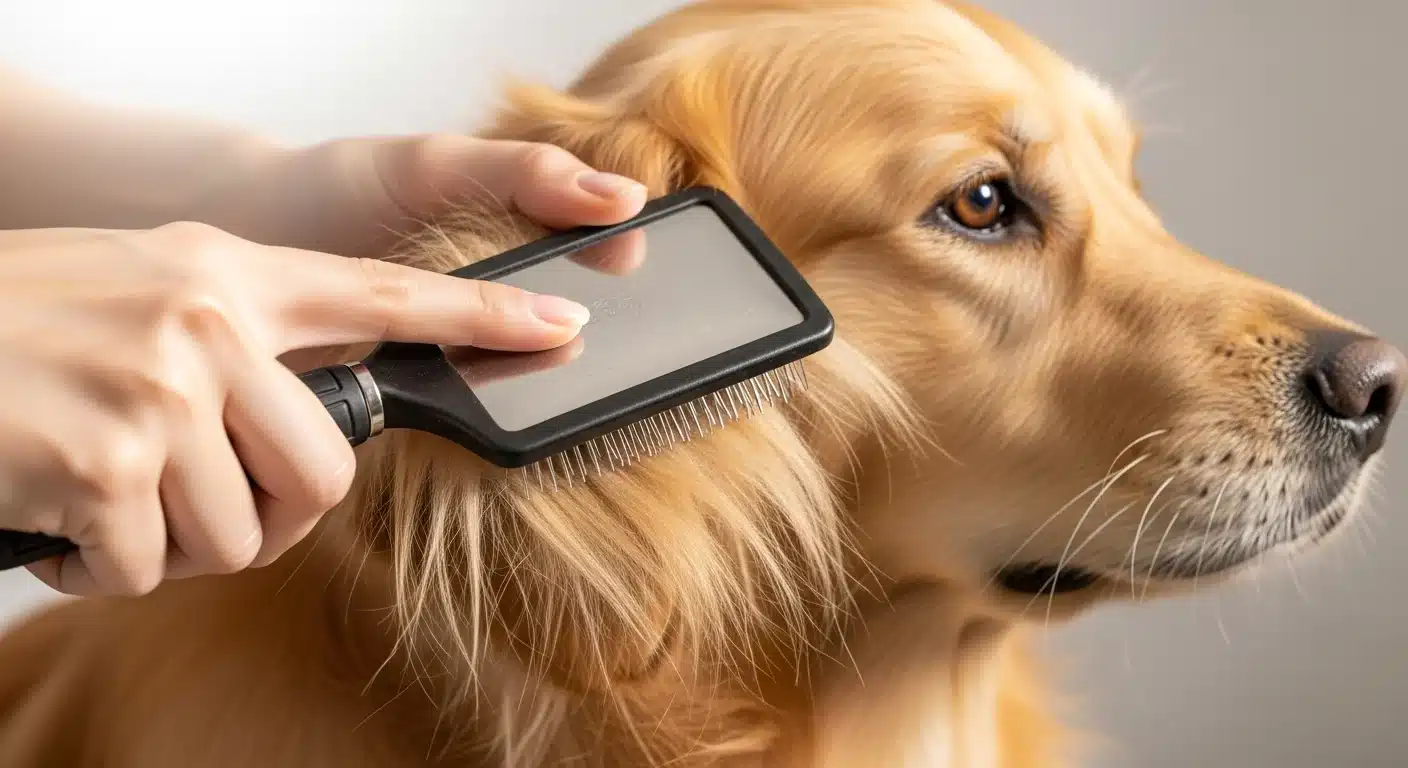 Person using a slicker brush to groom a fluffy golden retriever with a shining coat in bright studio light