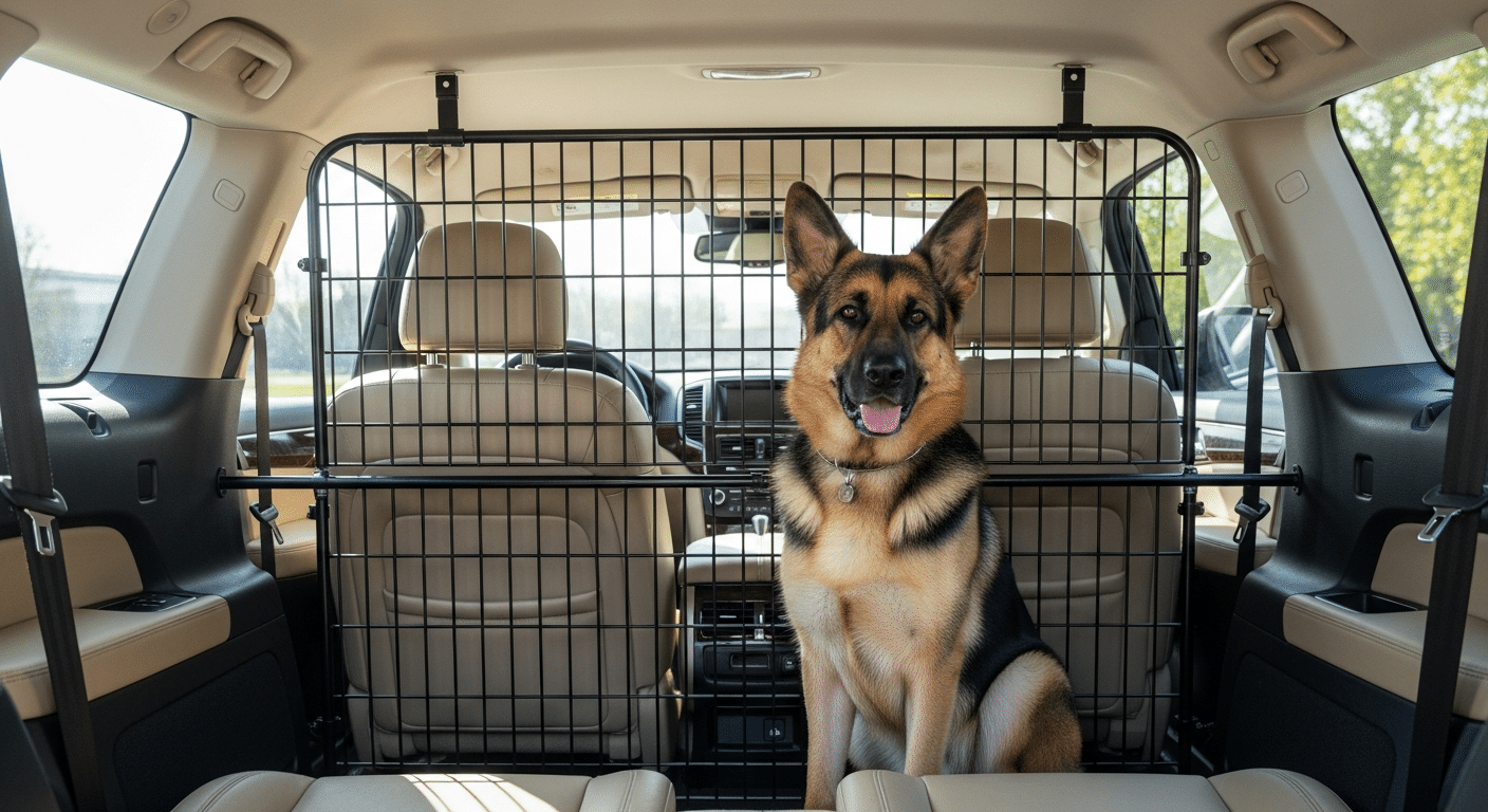 Large German Shepherd riding safely in the cargo area of an SUV behind a black metal wire-mesh dog car barrier