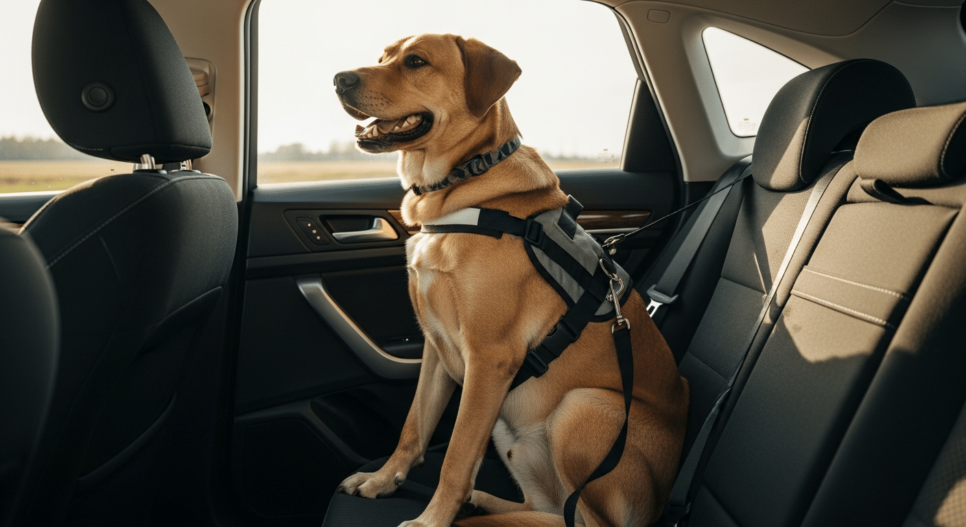 Large yellow Labrador wearing a crash-tested dog car harness clipped into the seatbelt on a car back seat